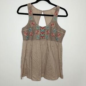 Mudd Aztec Embroidered Tan Cotton Tank Top
